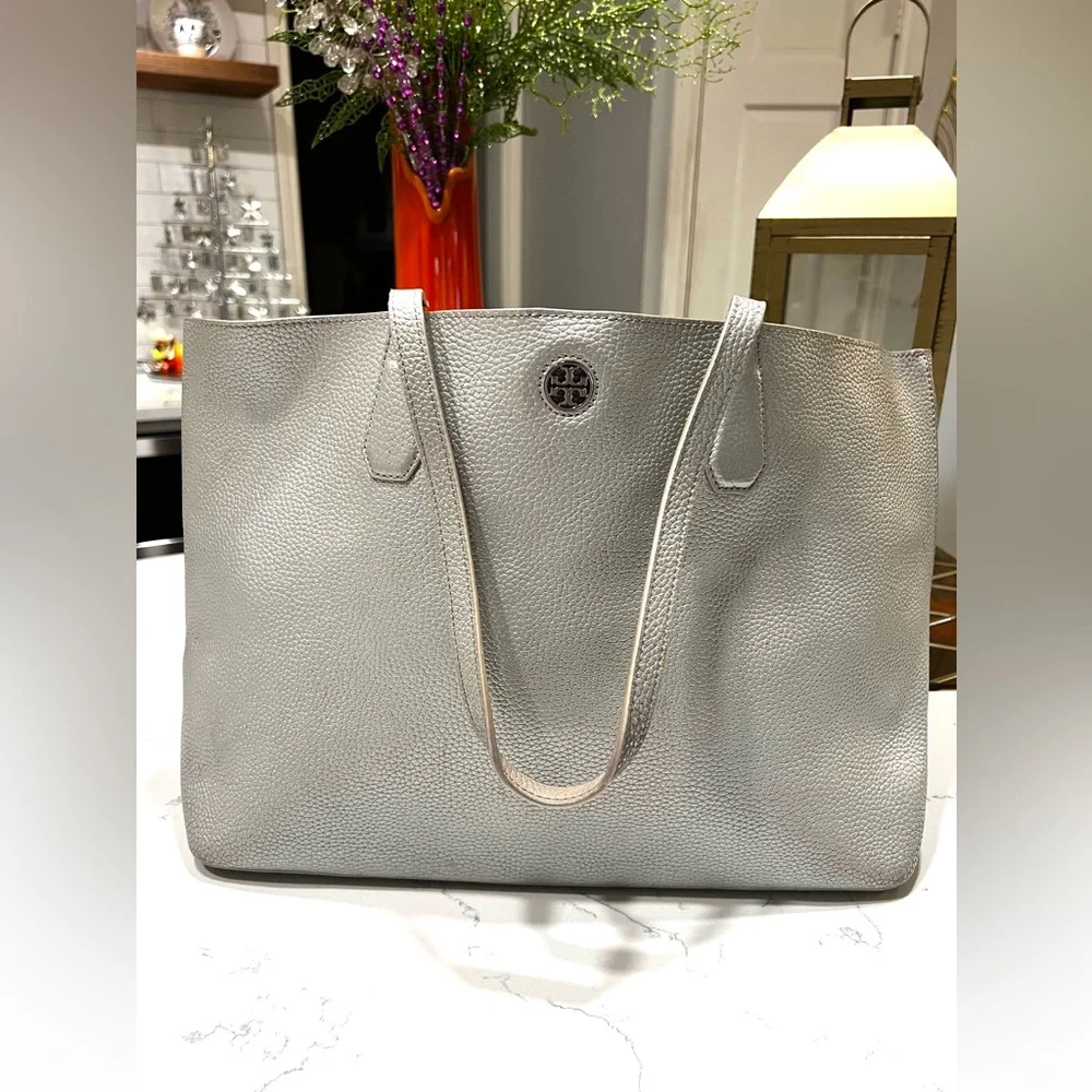 Tory Burch Perry Metallic Gray Leather Large Silver Tote Bag